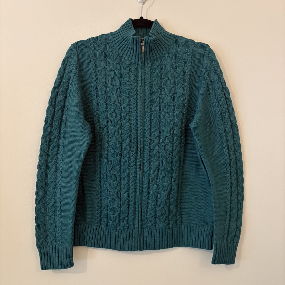 NWT LL Bean Cable Knit Full Zip Cardigan Teal L Petite Fisherman Chunky Cotton